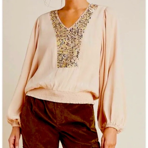 Anthropologie Maeve Blush Sequin Embellished Blouse - Picture 1 of 9